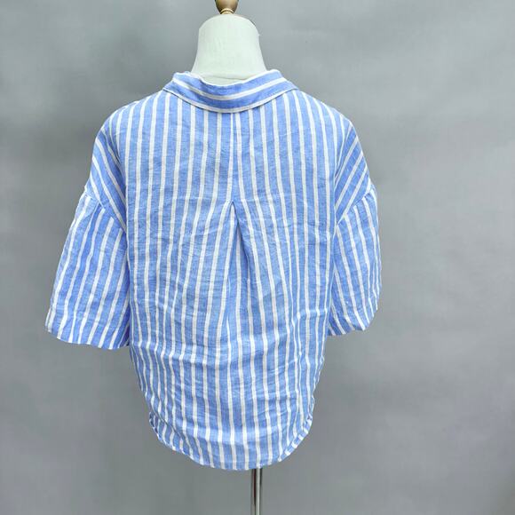 H&M blue striped linen 3/4 sleeve button up cropped top size Small boxy oversize - Picture 3 of 16